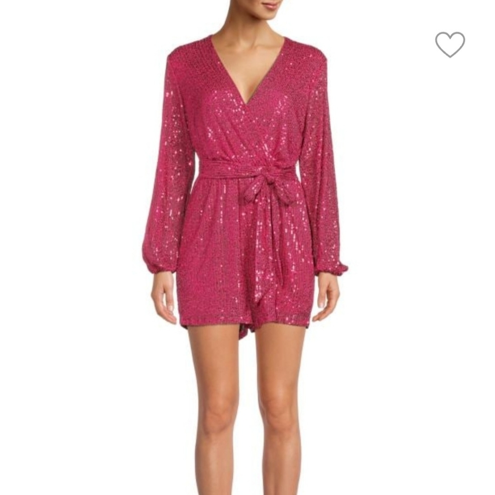 BCBG Sequin Wrap Romper, size S, color deep pink.